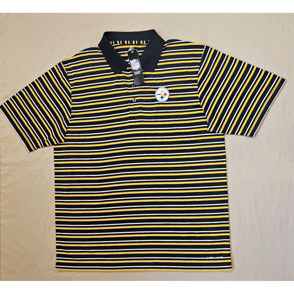 Majestic Mens XL Black & Yellow Striped Polo Shirt NFL Pittsburgh Steelers NWT